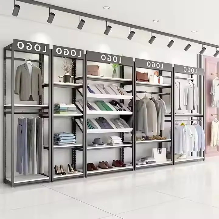 Rak Pajangan Toko Ritel Custom, Rak Pameran Logam, Rak Pajangan Baju Kayu dan Stainless Steel OEM Supermarket untuk S