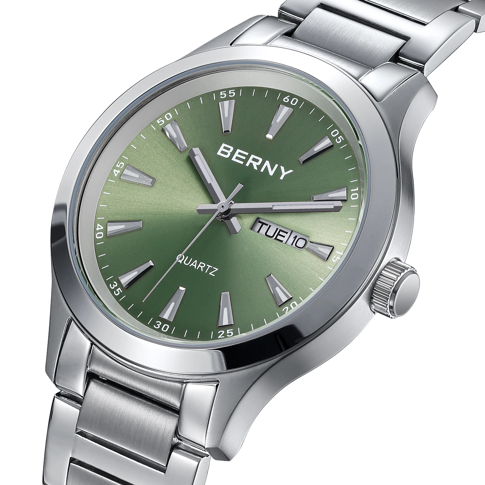 

BERNY Men's Watches Week Date 40mm Quartz Wristwatch Full Stainless Steel Fashion Dress Business Sports Elegant Men's Watch