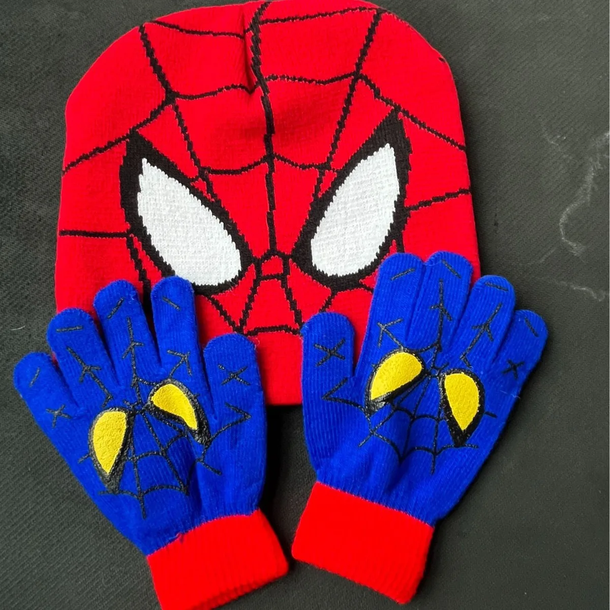 Ensemble chapeau et gants Spider Whol pour garçons et filles, accessoires de costume de cosplay cool, tricot chaud, dessin animé anime, extérieur, enfants, hiver, 2 pièces