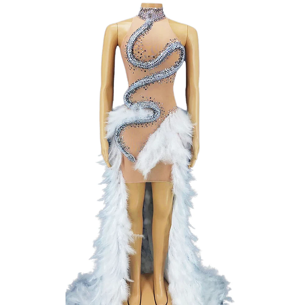 Vestido largo de terciopelo de cisne con plumas para mujer, traje de fiesta de noche con diamantes de imitación brillantes en blanco y negro, traje de Drag Queen