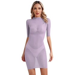 Women Sexy See Through Bodycon Dress High Stretchy Hip Wrap Minidress Glossy Skinny Party Clubwear Dating Night Playsuit Dresses