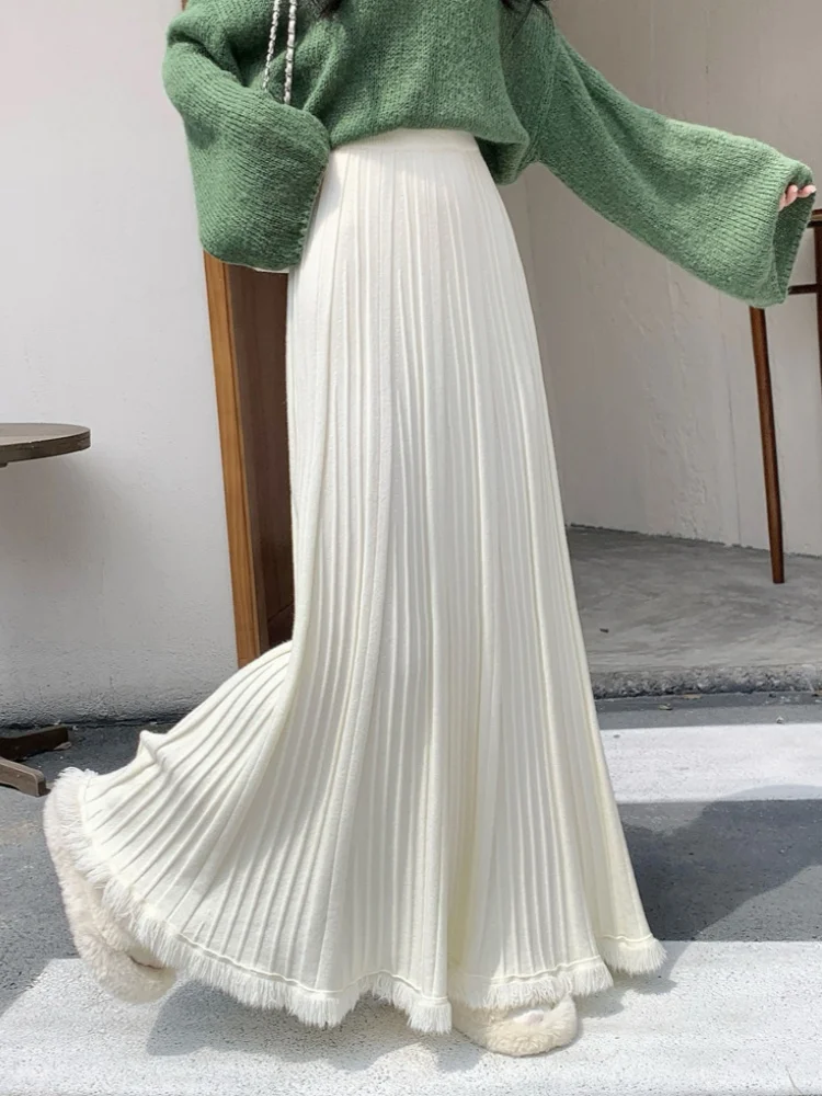 

SMTHMA новая осенне-зимняя вязаная плиссированная юбка для женщин, большая распашная юбка-зонтик трапециевидной формы с кисточками, мягкая теплая длинная юбка