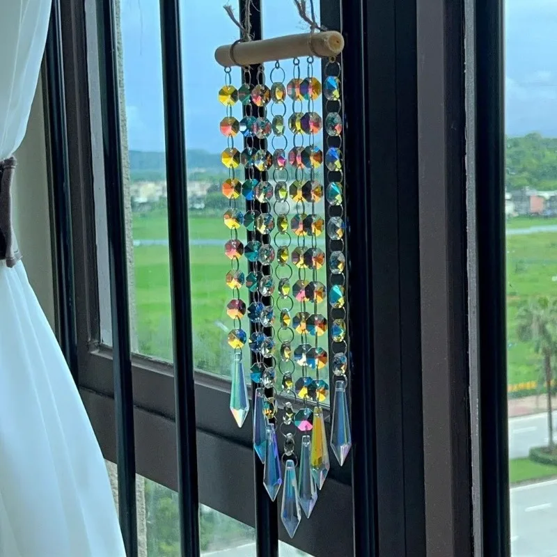 Crystal Transparent Dreamy Wind Chimes Colorful Artistic Female Room Wind Chimes Solid Wood Stick Pretty Bright Home Decor