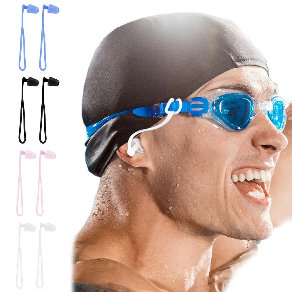 سدادات أذن للسفر مع سدادات أذن بحبل قصير مقاومة للماء من السيليكون للسباحة مع حبل لمياه الغوص للغواصين