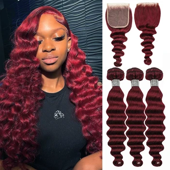 Aadt-Bundles de cheveux humains Deep Wave avec fermeture 4x4, Bundles de couleur bordeaux 99j, Cheveux humains de couleur brun plonger âtre