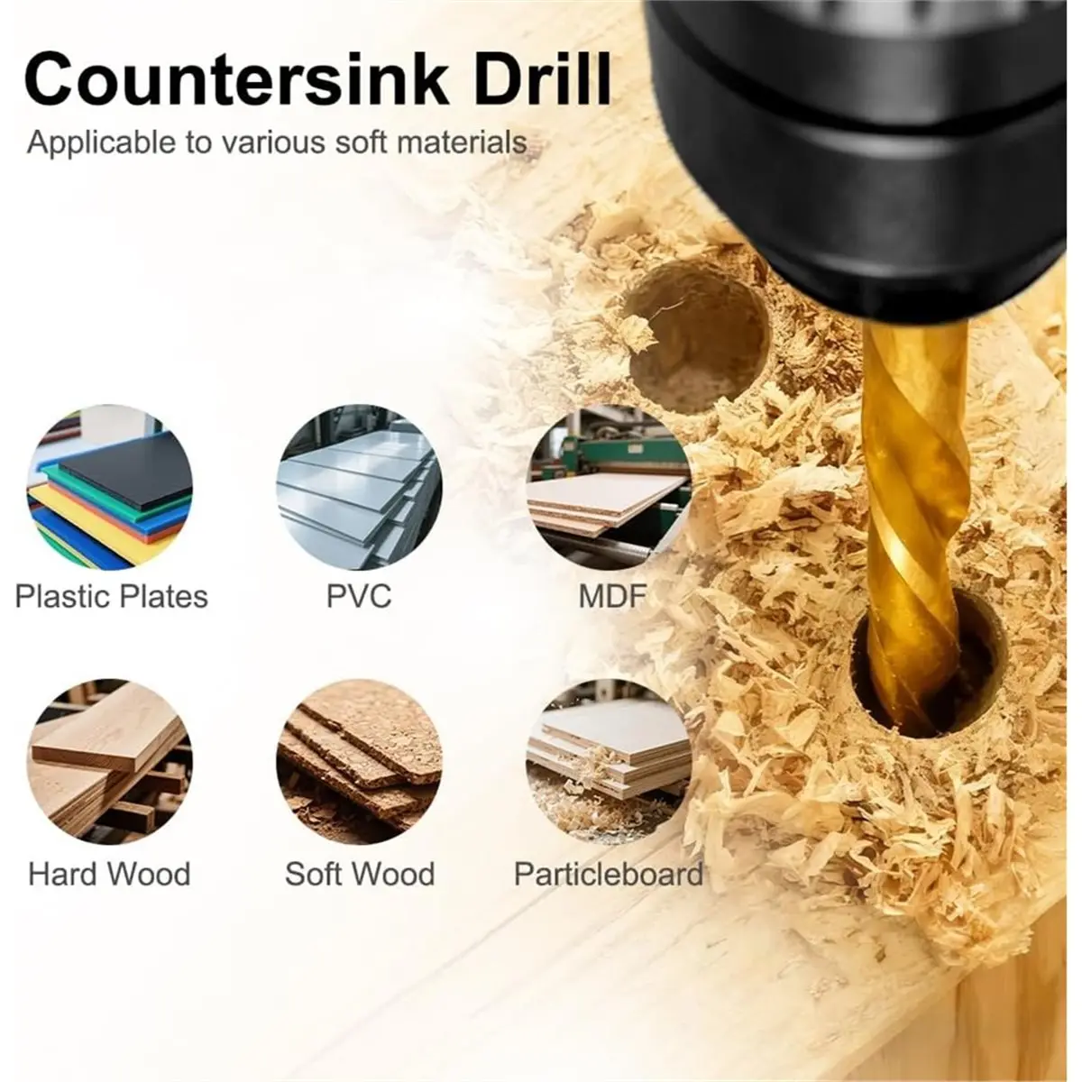 Countersink Drill Bit Wood, Countersink Drill Bit Set for Woodworking, 4, 6, 8, 10, 12, 1/4 Inch Spiral Drill Bit