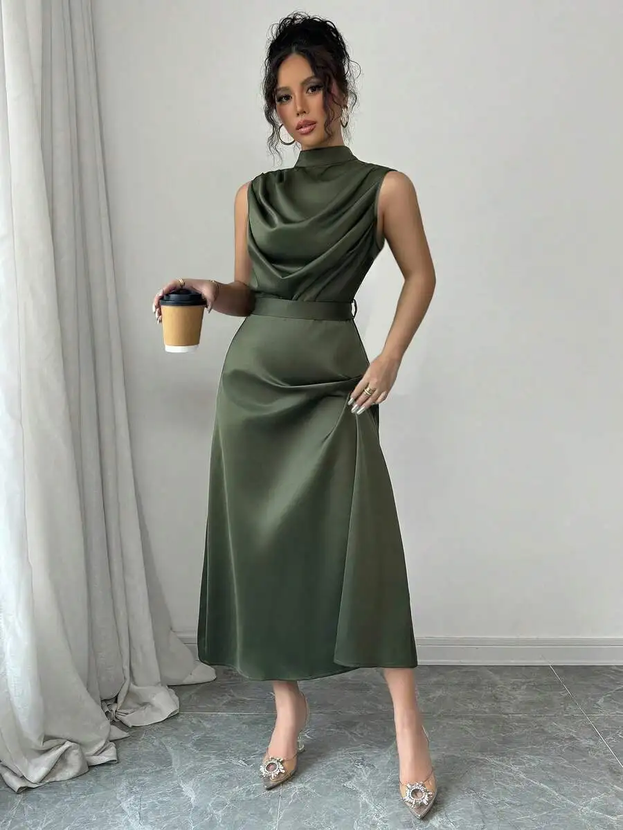 Elegant Sleeveless High Neck Satin Long Dress With Draped Bust And Fitted Waist Sage Green view 2