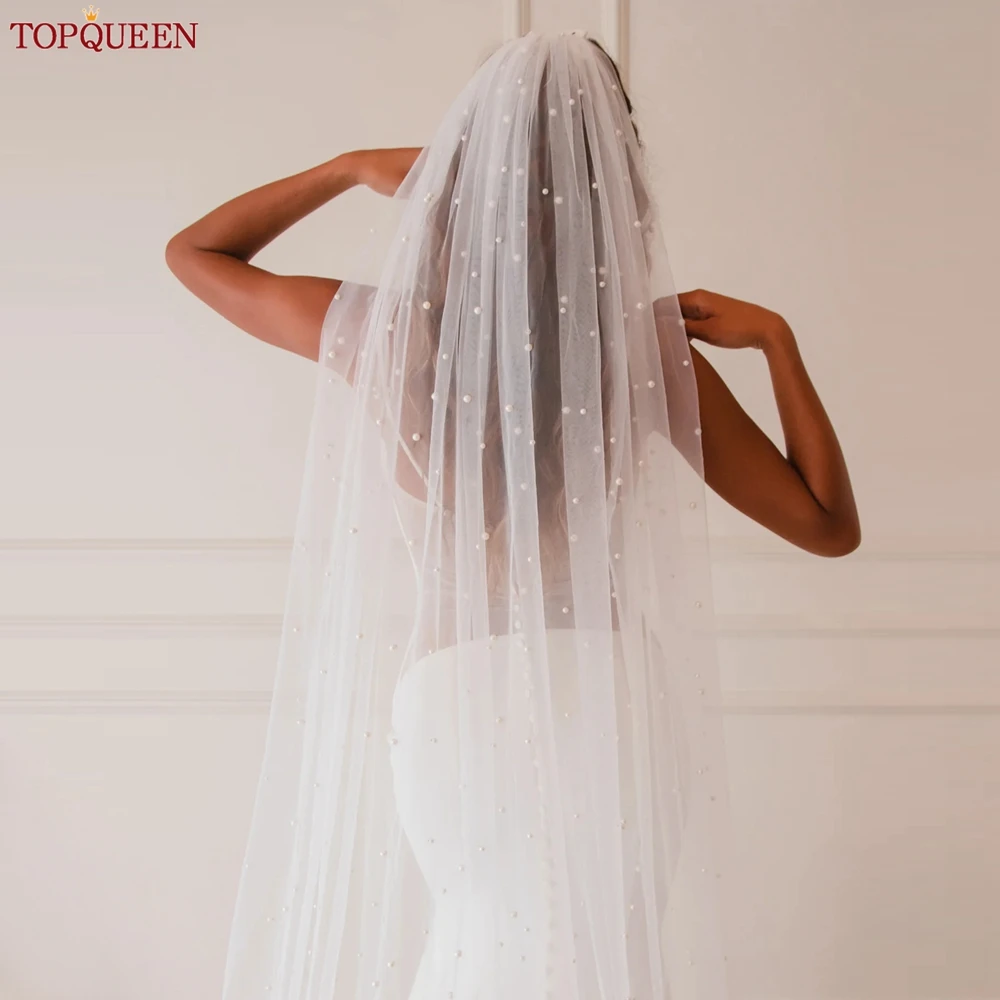 TOPQUEEN اللؤلؤ الحجاب الزفاف 1 الطبقة لينة الحجاب الزفاف مطرز اكسسوارات الزفاف 3M كاتدرائية طول الحجاب للعروس العاج v176