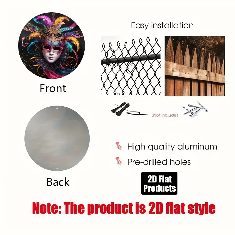 2D Flat, 2D Flat Print, 1pc, Round Aluminum Sign Wall art, Vintage Metal Sign, Mardi Gras Mask Themed, for Bar Kitchen Coffee ho