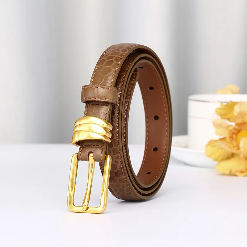 

Retro Crocodile Texture Ladies Belt, Slim Genuine Leather Pin Buckle Waistband, Fashion Decorative Belt for Casual & Commute