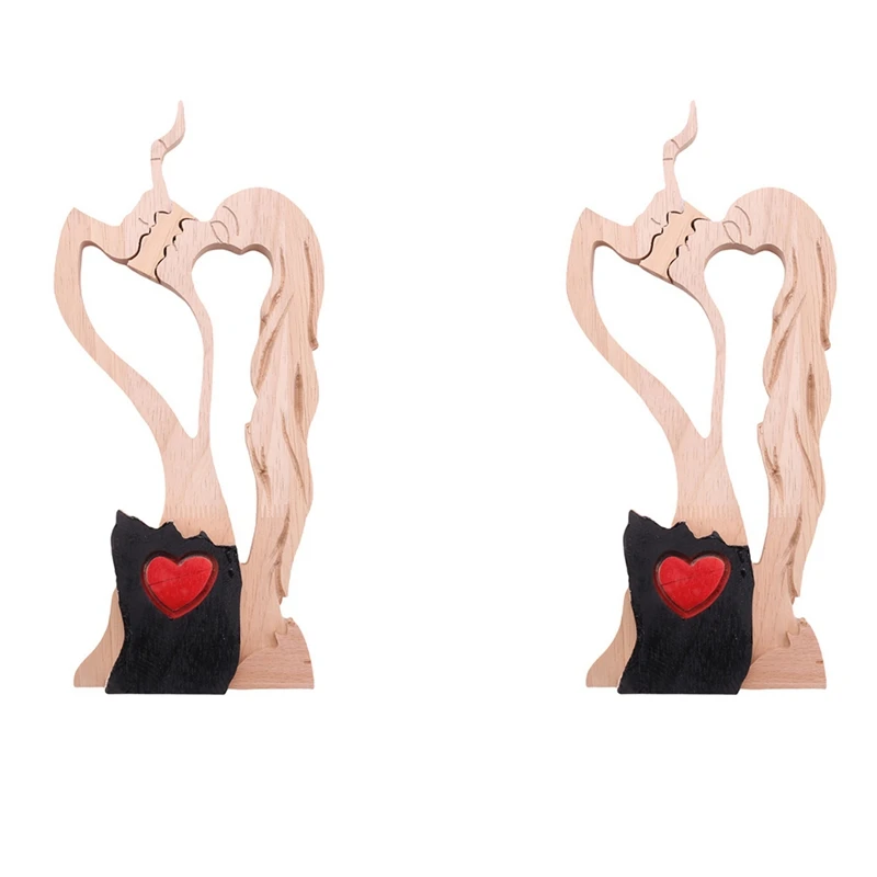 

2X Love Eternal Wood Ornaments Wooden-Heart Desktop Sculpture Couple Kissing Statue Love Art Ornaments