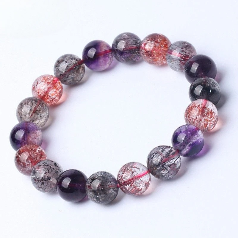 Imagem -02 - Pulseira de Cristal Natural com Anel Único Ornamento Três Redondos Espinha Dorsal Cabelo Roxo Quartzo Morango Super Sete