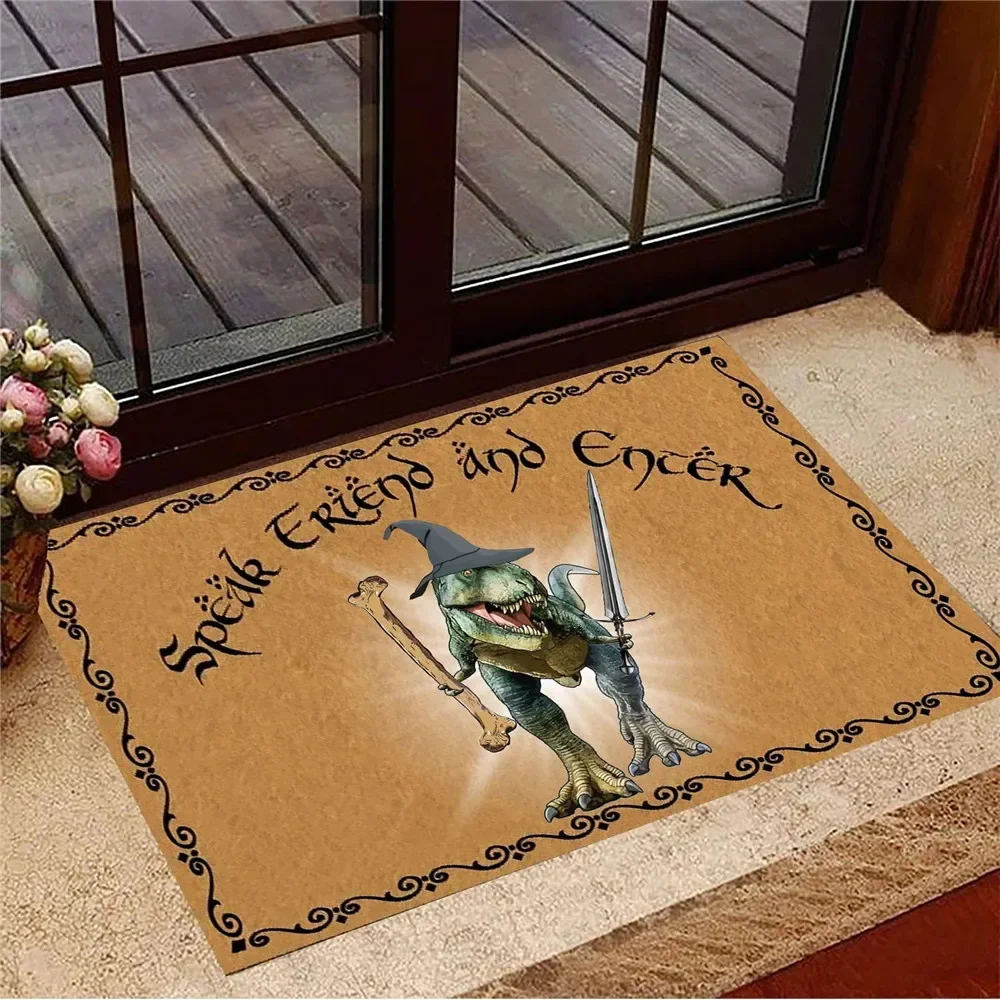 HXFunny Animal Doormats T-rex Speak Friend and Enter Doormat Dinosaur Gandalf Indoor Flannel Carpets Floor Mats 40x60cm