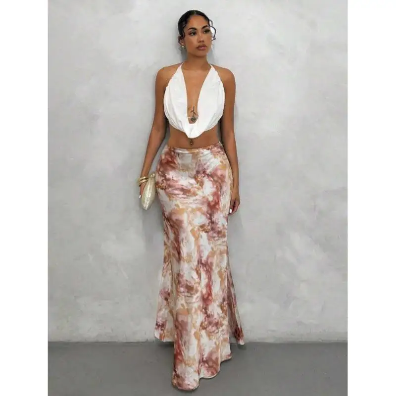 Ele Una línea de falda midi con estampado completo transfronterizo nuevo modelo Vintage Sle Ciwalk pantalones de nueve piezas Micro poliéster elástico