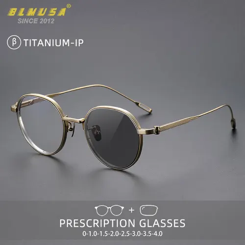 Imagen 2 del producto BLMUSA, gafas fotocromáticas personalizadas de titanio para miopía, gafas de lectura redondas antiluz azul para hombre, gafas graduadas ultraligeras