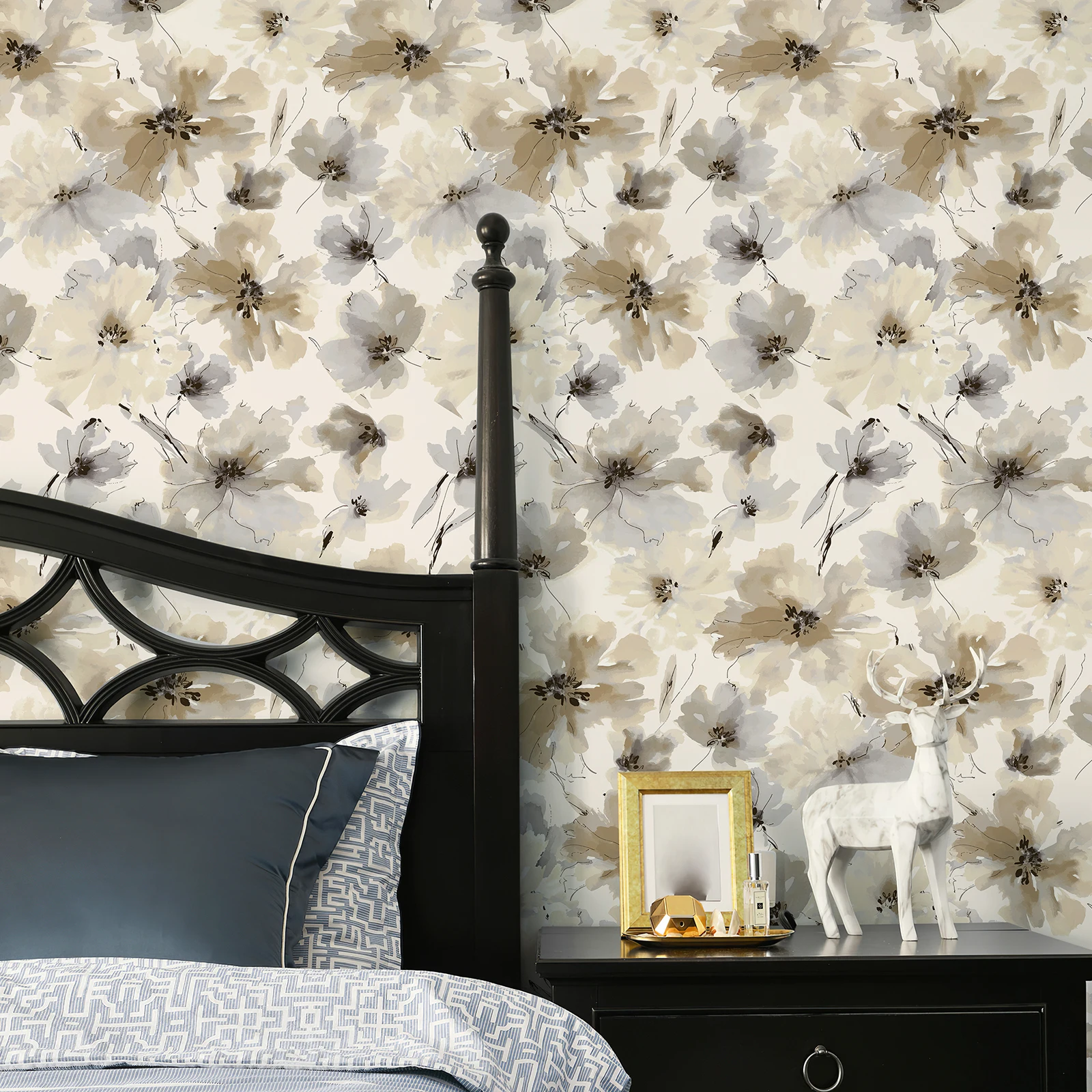 Beige Watercolor Floral Self Adhesive Wallpaper Morden Waterproof Peel And Stick Flower Cabinet Sticker For Living Room