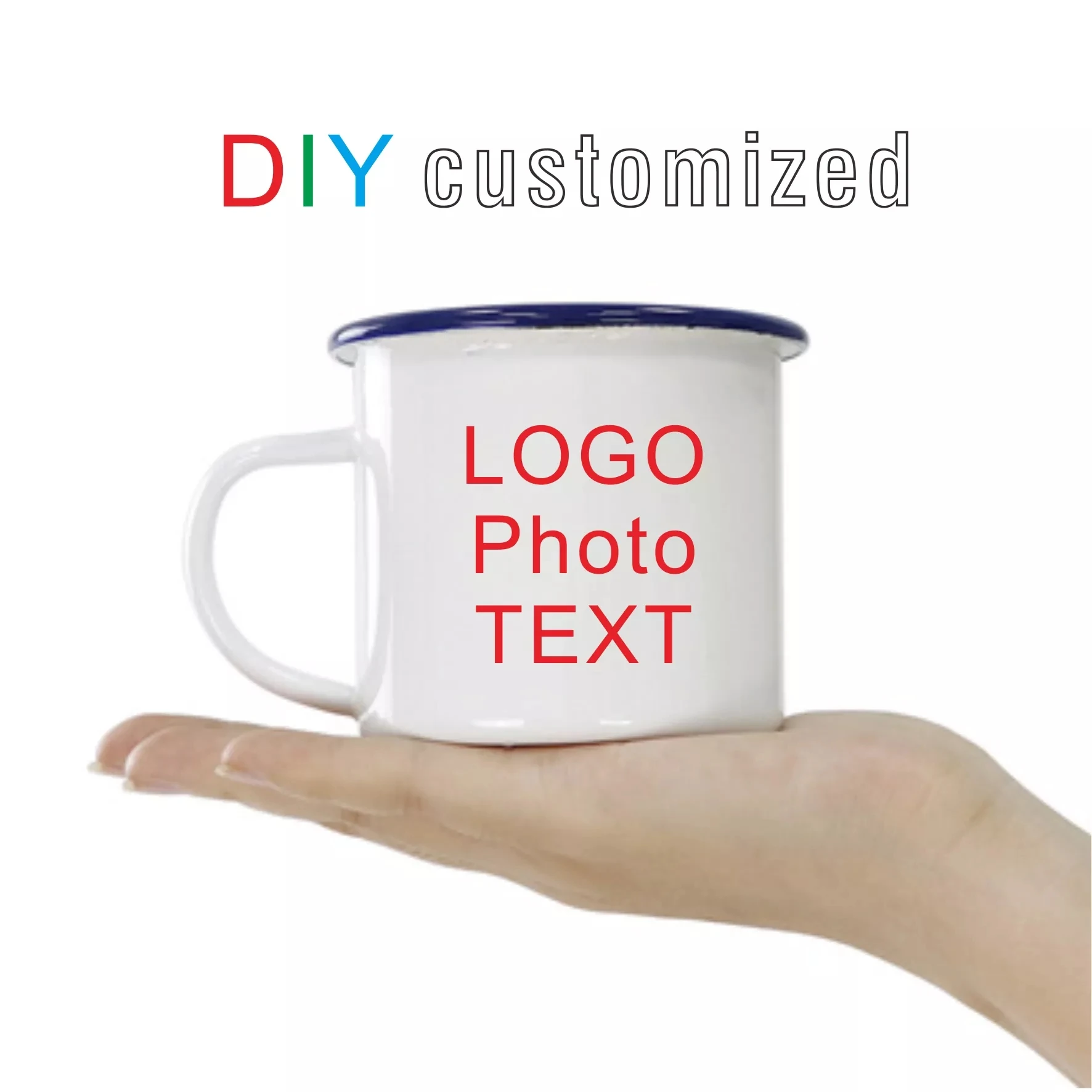 Personalized Enamel Coffee Mug, DIY LOGO Photo Text, Blue Rim Cup, Black, Silver Color for Choose, 350ml