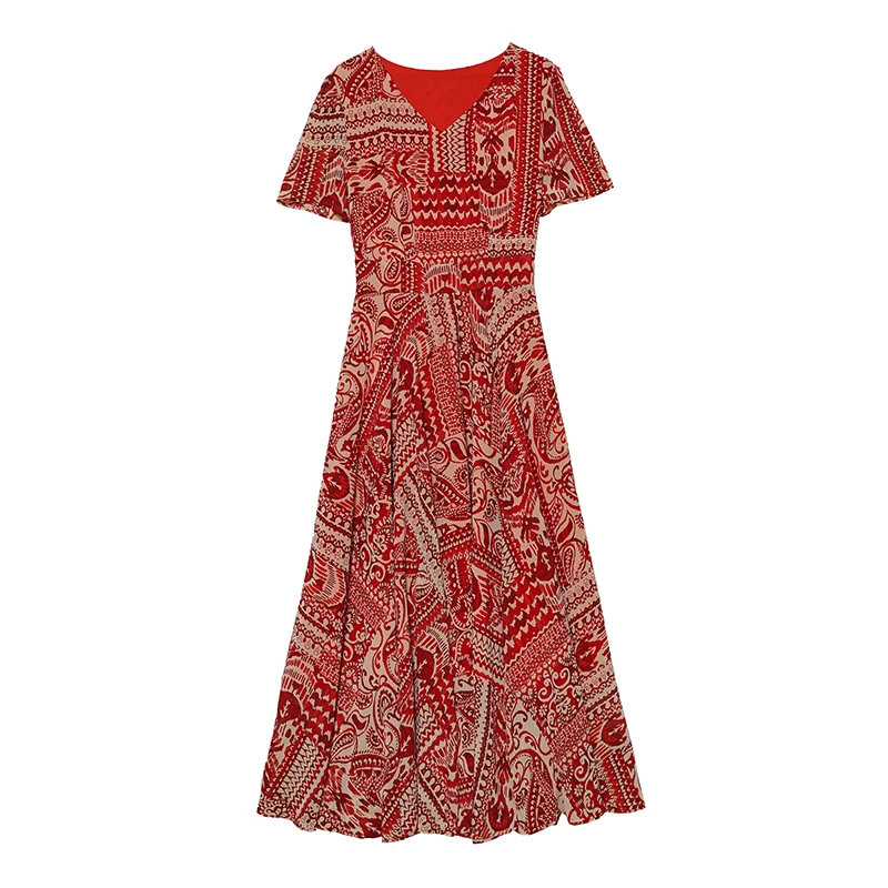 2025 Vintage Stampa Rosso Boho Midi Vestito Estivo Elegante Donna Aderente Party Night Abito Lungo di Lusso Coreano Casual Abito Floreale in Chiffon