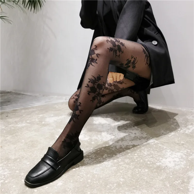 French Style Vintage Black White Stockings Medias Kawaii Rose Flower Print Pantyhose Nylon Pattern Luxury Tights Collant Femme