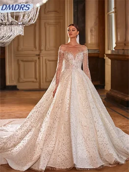 Luxurious Beaded Wedding Dress Elegant Sequined Bride Gown 2025 Glamorous Long Sleeve A-Line Bride Customized Vestidos De Novia