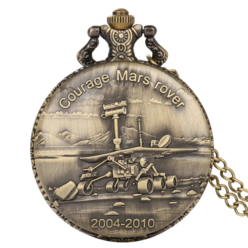 

Bronze Style Carved Courage Mars Rover 2004-2010 Design Necklace Chain Quartz Pocket Watch Arabic Number Display Souvenir Gift