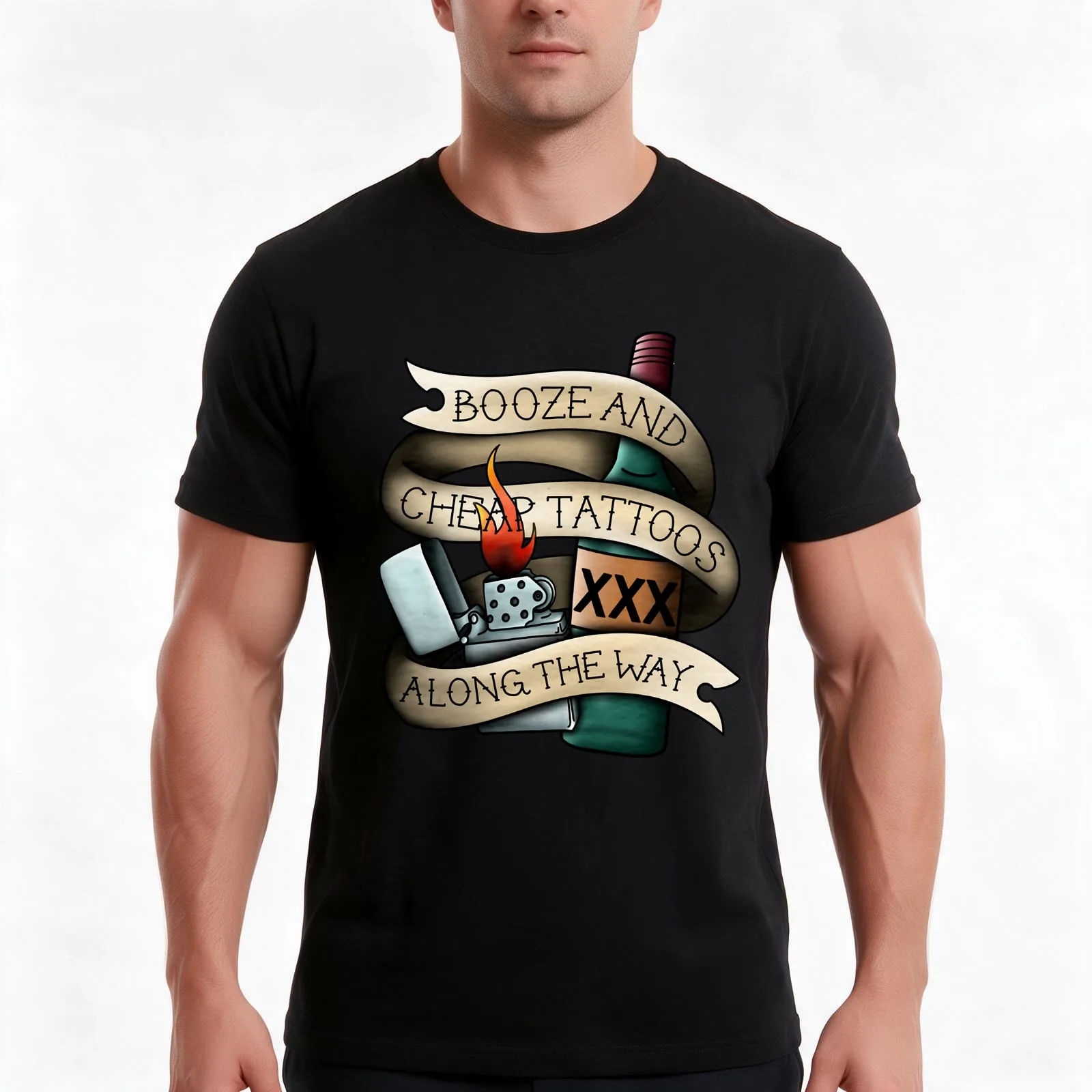 Booze _amp_ Cheap Tattoos T-Shirt, Summer Casual Cotton Tee, Oversized Streetwear Tops, Vintage Graphic Print, Unisex Men Women