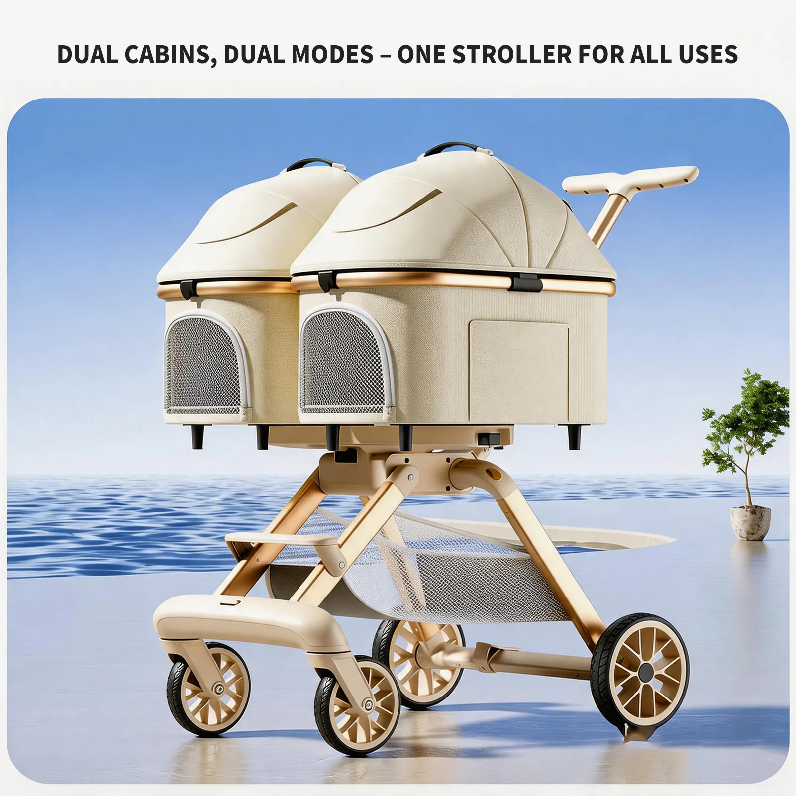 Multi-Functional Double Deck Dual Cabin One-Button Foldable Lightweight Aluminum Alloy 4-Wheel All-Season Pet Travel Stroller