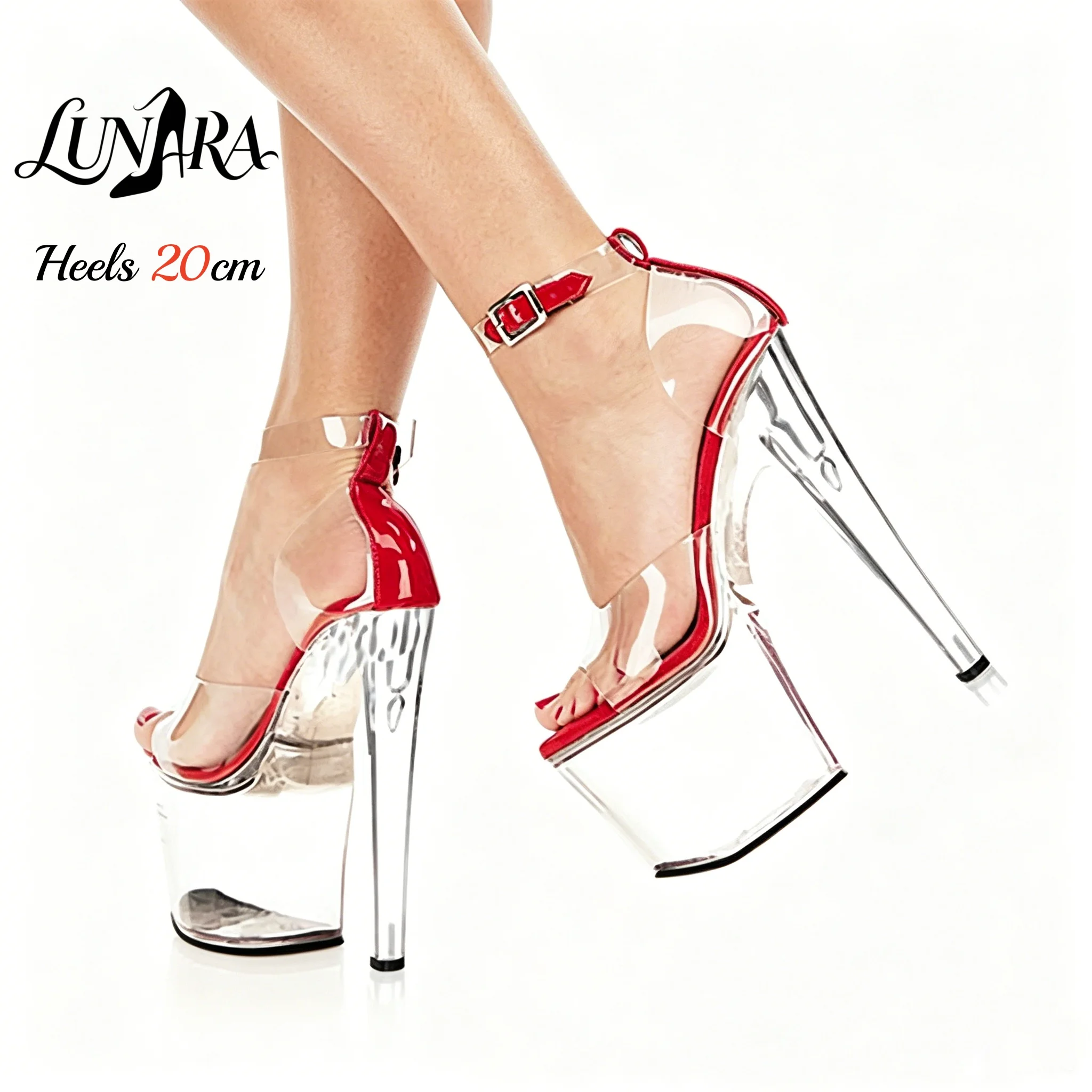 20cm Transparente PVC Kristall High Heel Sandalen Offene Zehen Knöchelriemen Schnalle Rotes Futter Sexy Nachtclub Party Laufsteg Plateau-Schuhe