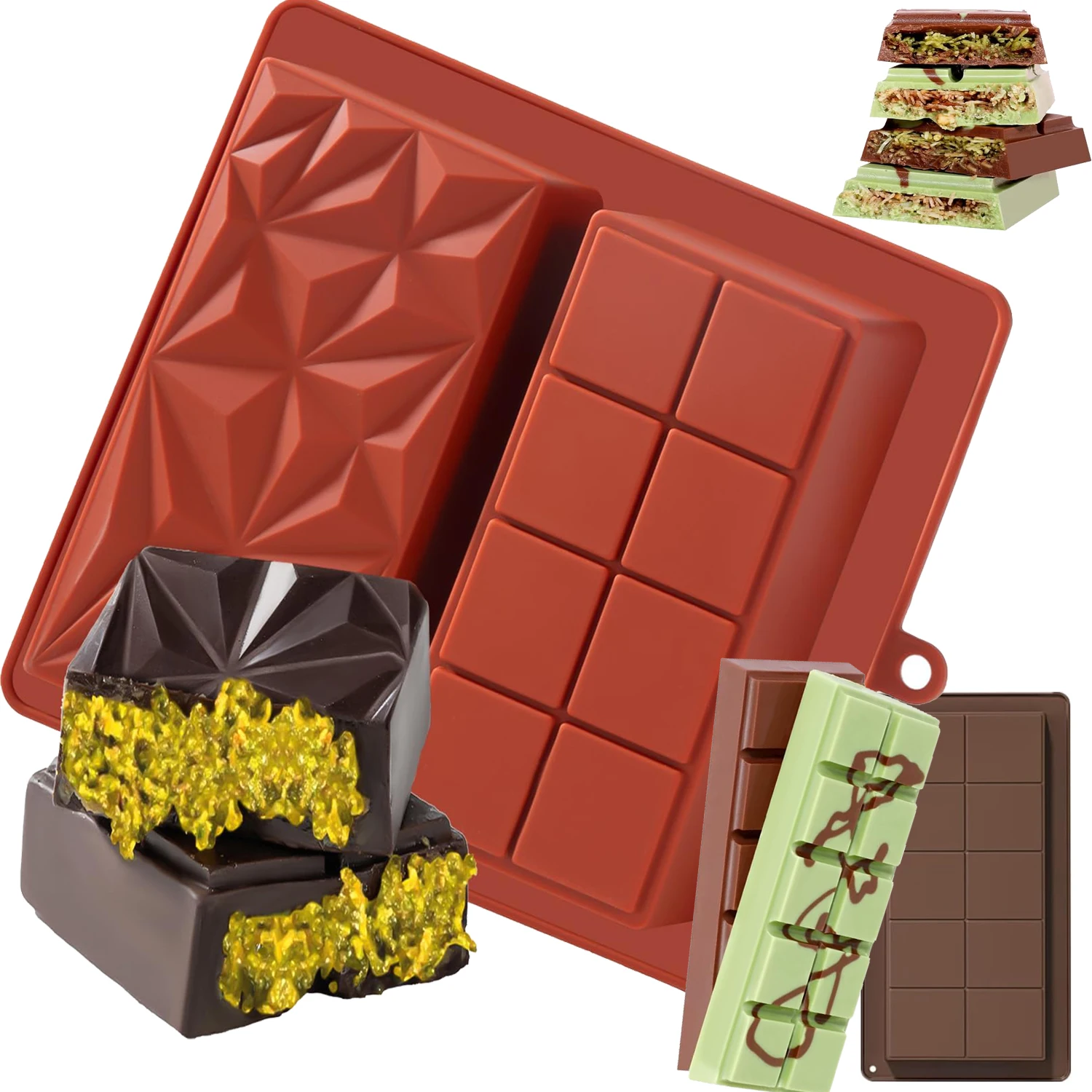 Chocolate Bar Mold Deep Dubai Pistachio Silicone Thick Mold For Stuffed Candy Filling Sandwich Pistachio Cream Butter Jam Cream