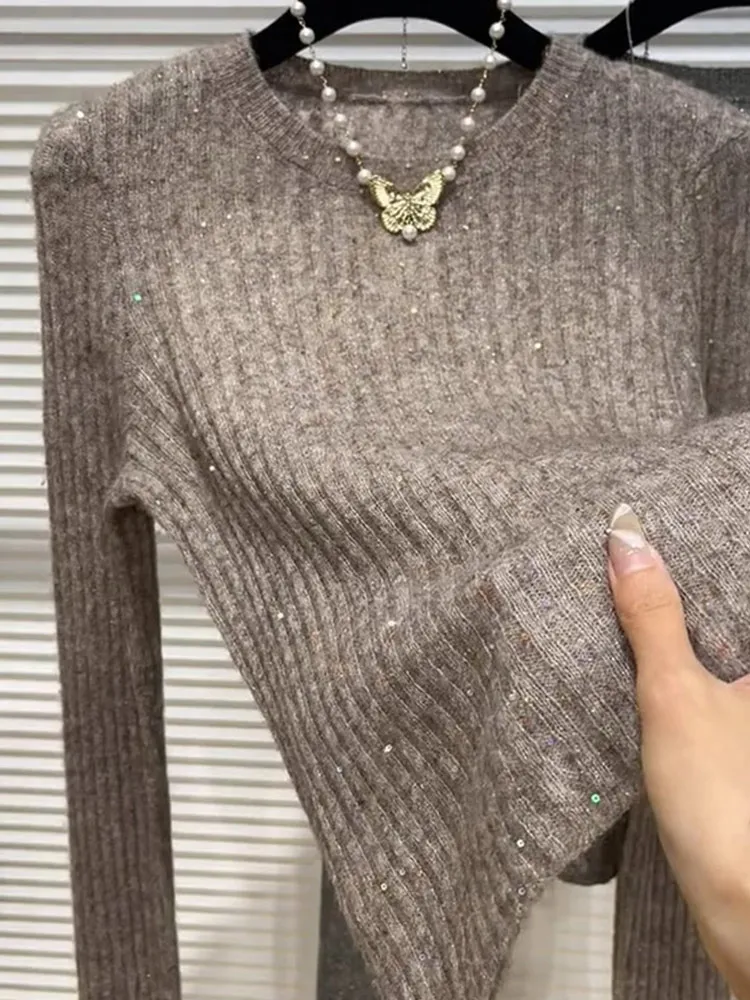 

Модный топ с пайетками, длинный рукав, удобный, простой, в корейском стиле, для повседневной носки