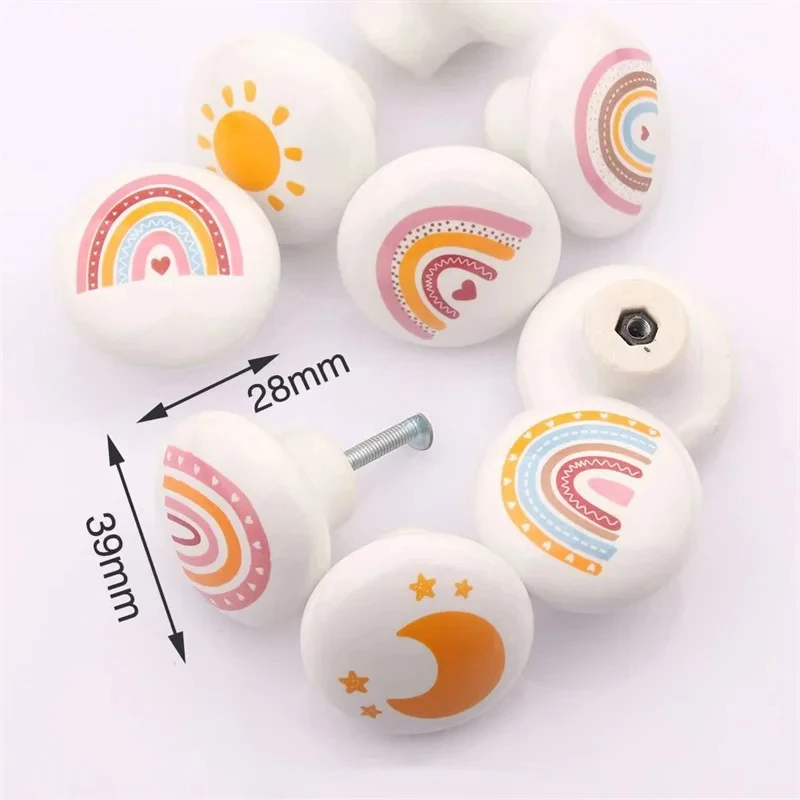 38mm Large Round Ceramic Furniture Handle Drawer Knob Cartoon Rainbow Printing Handles Wardrobe Cabinet Door Pulls Diy