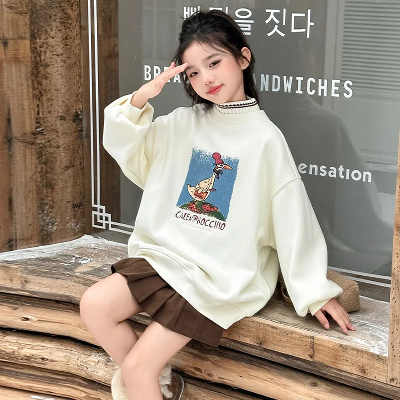 Baju hangat anak perempuan, atasan Pullover anak-anak Korea musim dingin 2024, Sweatshirt longgar, pakaian kartun hangat anak-anak, pakaian luar 5-14 tahun