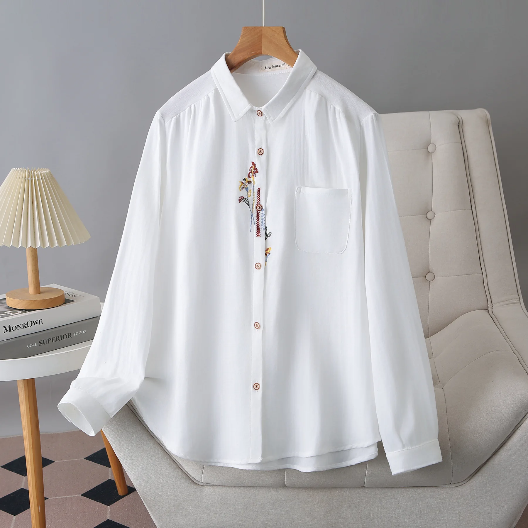 

Женская блузка больших размеров XXXXL, модная, весна 2026, с длинным рукавом, вышивкой, простая, из хлопковой пряжи, модель 1212