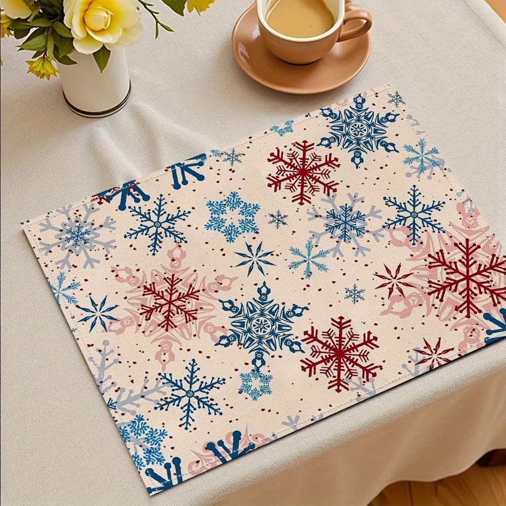 4pcs Snowflake Placemats Set with Blue and Pink Snowflake Design Featuring White Background and Red Lines Gatherings