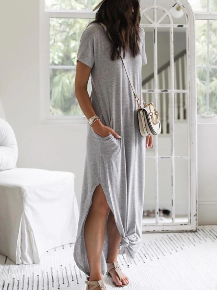 Gray Leisure Style Holiday Dress 2023 Spring Summer Short Sleeves V-neck Loose Fashion Casual Pocket Straight Split Long Dresses