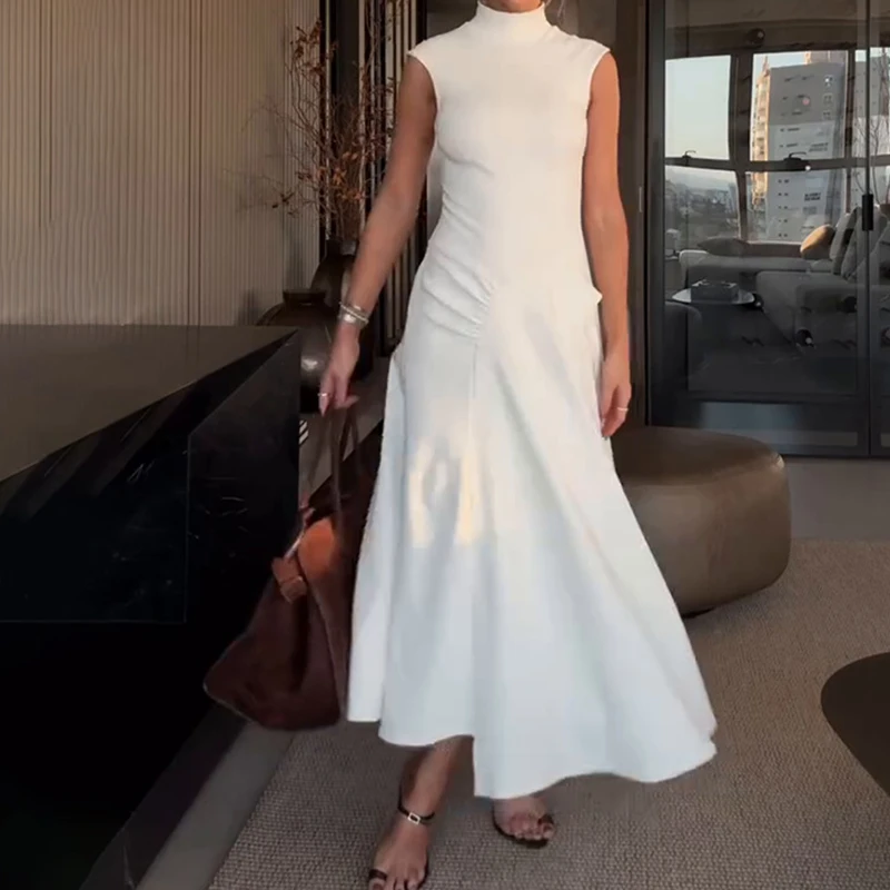 エレガントなハーフハイネックノースリーブロングドレスファッションドレープソリッドカラー気質ドレス女性カジュアルスリムスイングパーティードレス