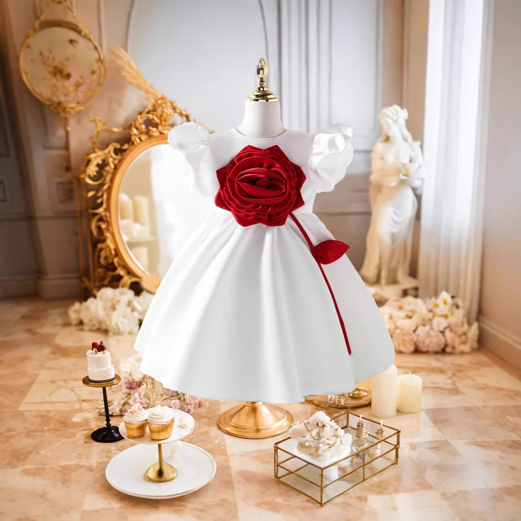 Formal Baby Girl Dress Rose  Flower Elegant Princess Dresses Party Wedding Birthday Puff Ball Gown Kids Outfit Children Garment