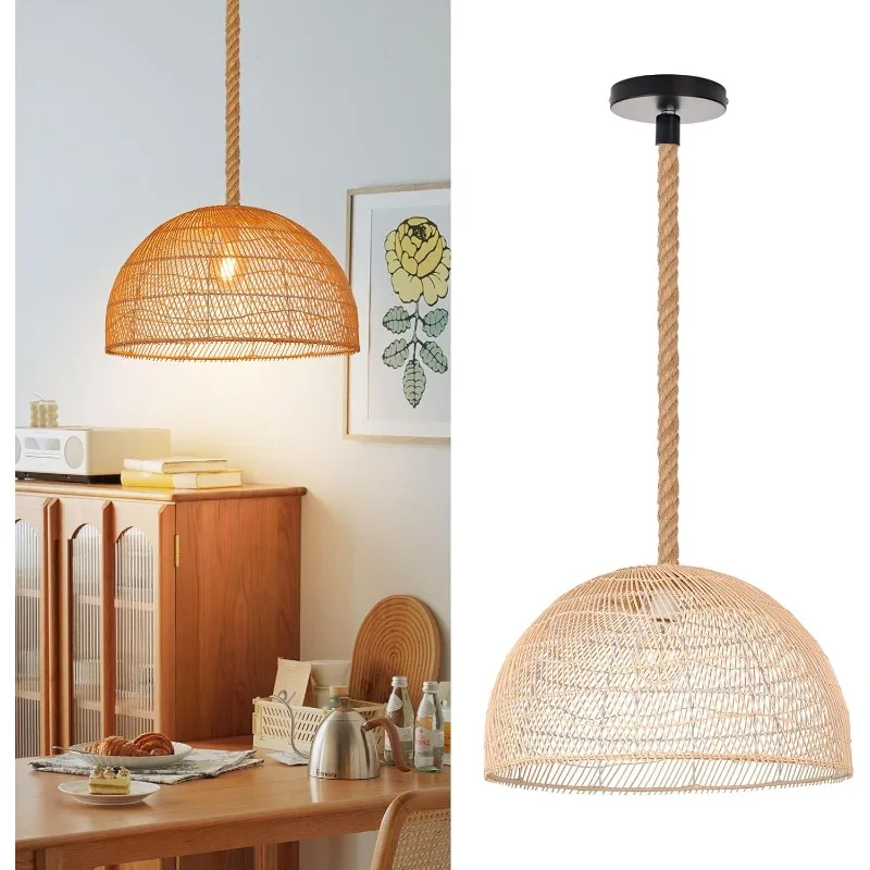 Rattan Pendant Light Fixture,Boho Wicker Chandelier,Woven Rope Lamp Shade Hanging Ceiling Lamp for Dining Room