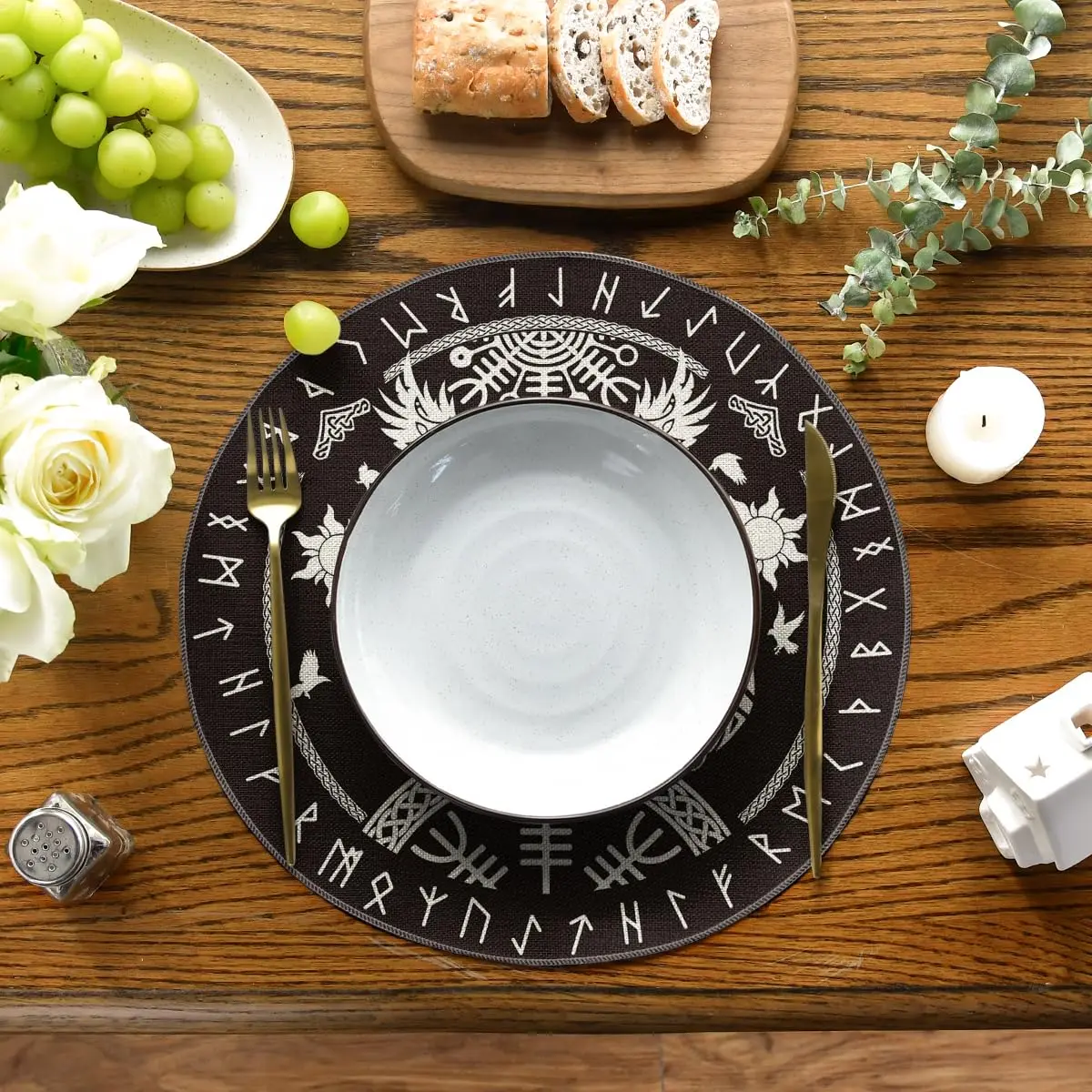 Boho Round Placemats ,14 Inch Seasonal Daily Black Teal Flowers Bohemia Table Mats for Party Kitchen Dining Decoration