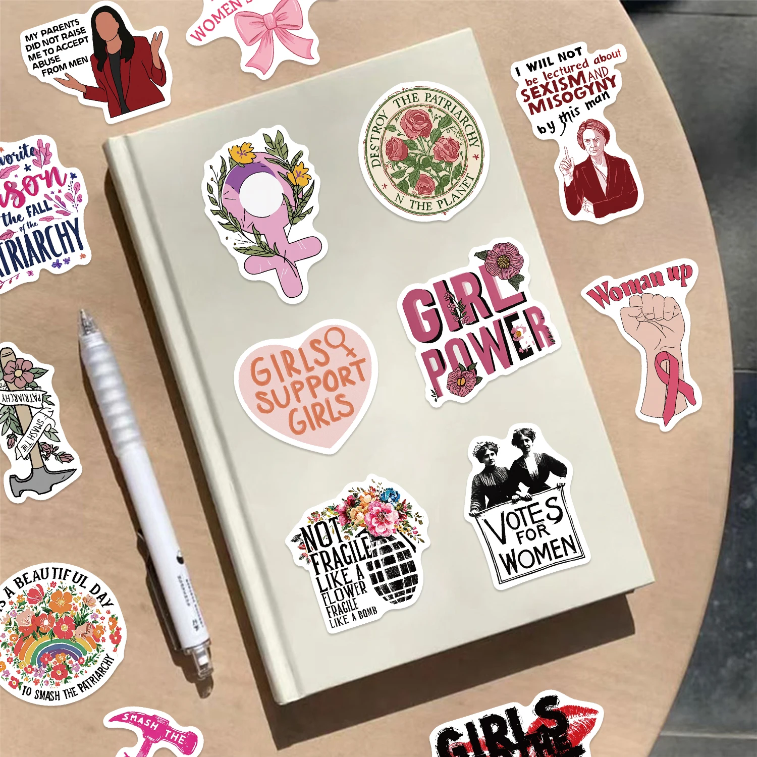 50pcs Cartoon Aesthetic Pink Feminism Inspirational Words Stickers Decals Graffiti For Guitar Phone Laptop Computer Beautiful