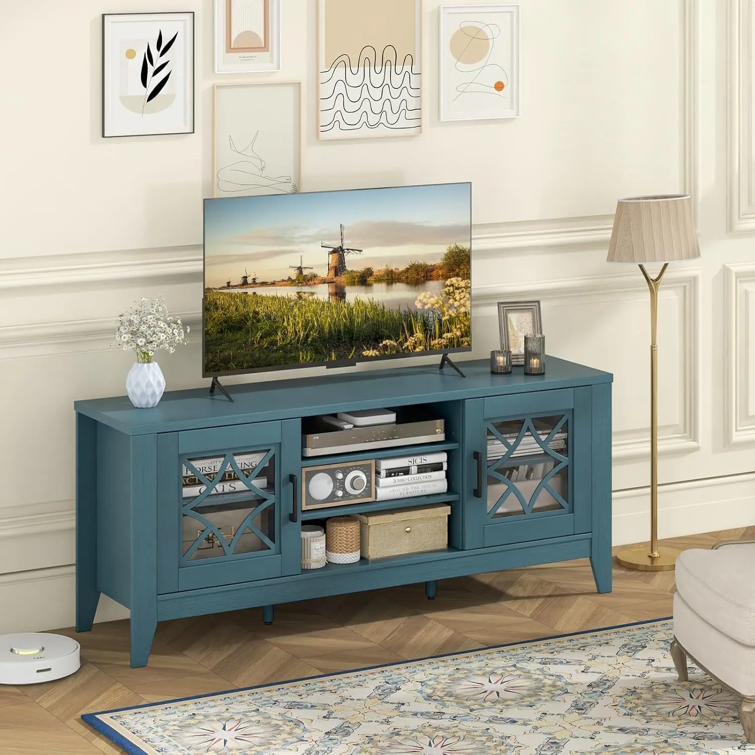 최대 65'까지의 TV용 농가형 TV 스탠드, 유리문이 있는 현대적인 미디어 콘솔, 선반 4개, 케이블 관리, 청록색