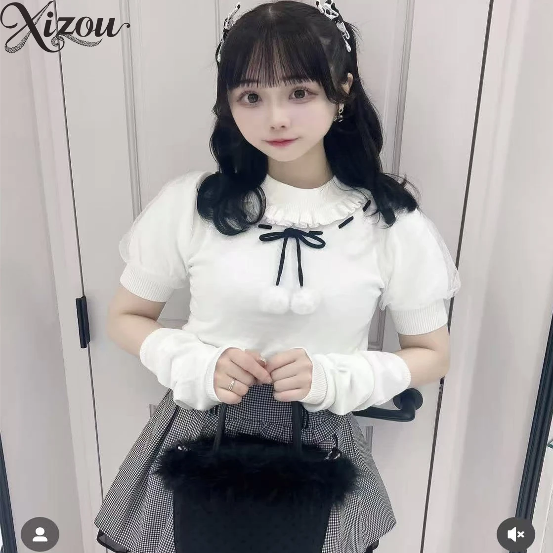 

Японская женская осенне-зимняя одежда с нарукавниками, воротник с рюшами, черная отделка, бант, помпон, пузырьковый рукав, вязаный топ с высокой талией, 2025 г.