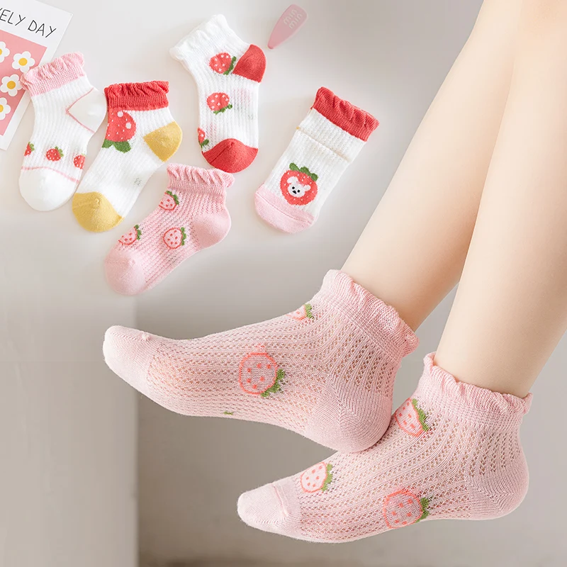 5 Pairs Kids Summer Mesh Socks Cute Strawberry Print Ruffle Cuff Short Socks Breathable Cotton Anti-slip Toddler Socks for Girls