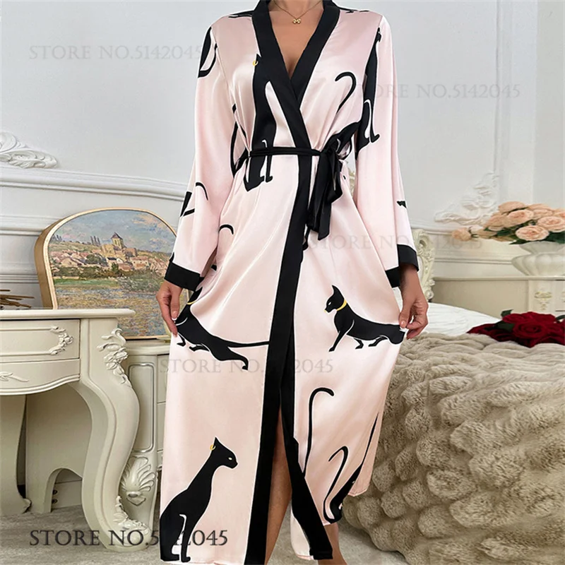 Women Silk Satin Long Robe Loungewear Print Cartoon Leopard Cat Kimono Bathrobe Gown Loose Casual Sleepwear Home Dress Nightgown image 5