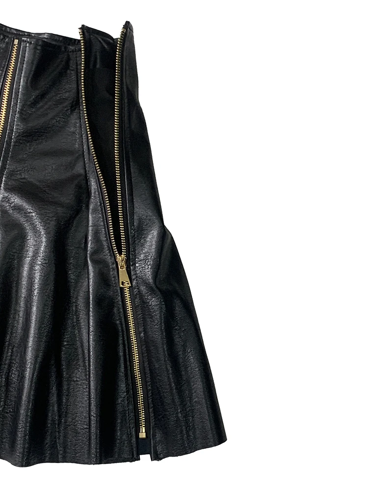 

Nerazzurri Autumn Luxury Black Pu Leather Mini Skirt Women with Many Zippers Elegant Chic Short Elegant Luxury Designer Clothes
