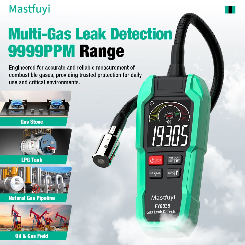 MASTFUYI Digital Gas Leak Detector Meter, 9999PPM Multi-Gas Sniffer for Natural Gas, LPG, Methane Propane with Sound Light Alarm