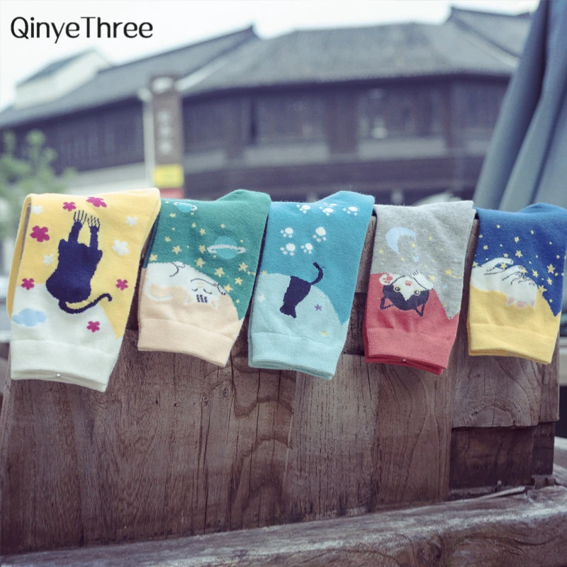 New Winter Spring Warm Soft Cotton Funny Cute Cartoon Kitten Socks Women Cat Paradise Happy Animal Christmas Gift Sokken