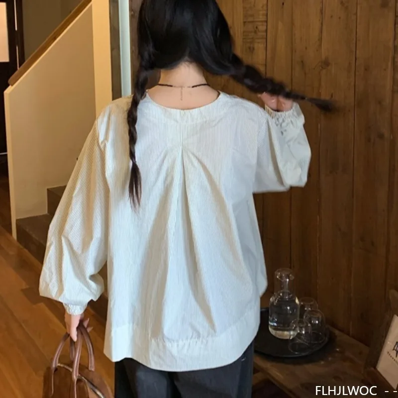 Jesień 2025 Bawełniane Bluzki Podstawowe Koszule Bluzki Damskie Jesienne Retro Vintage Niebieska Bluzka w Paski Elegancki Japoński Koreański Design Odzieży Bluzki