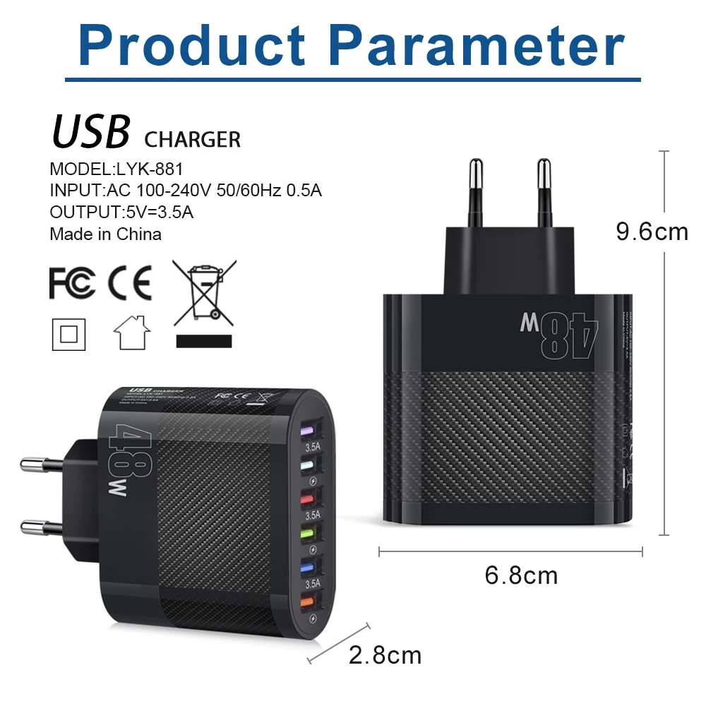 Muti 6 Ports USB Charger 48W USB Fast Charging Mobile Cell Phone High Speed Quick Charge Wall Adapter for Huawei Xiaomi Samsung