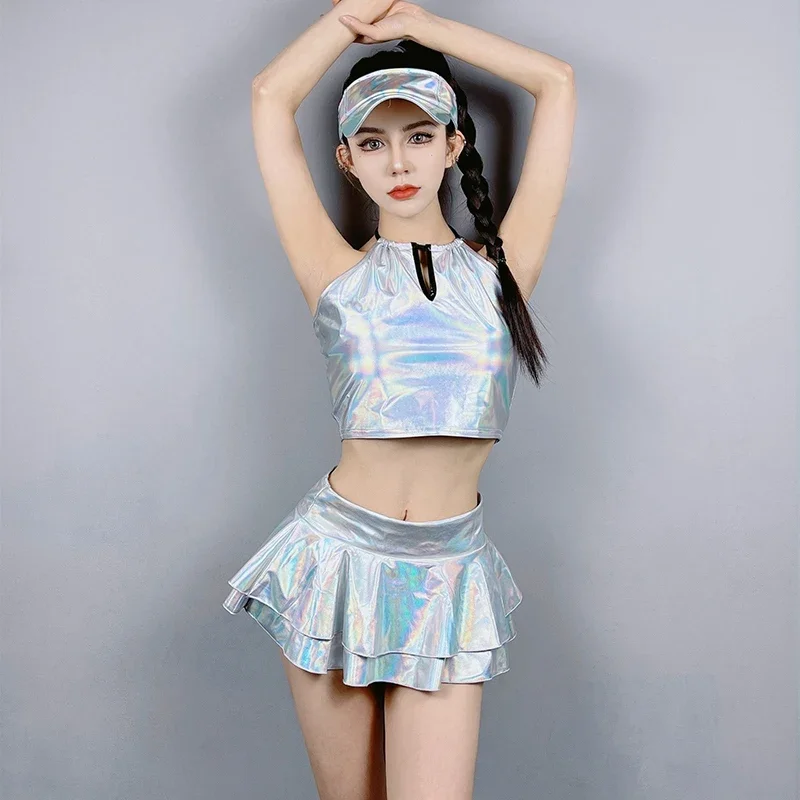 

Women Silver Cheerleading Clothes Nightclub Bar Dj Ds Rave Outfit Tops Skirt Pole Dancewear Jazz Dancing Performance Suit YS5285